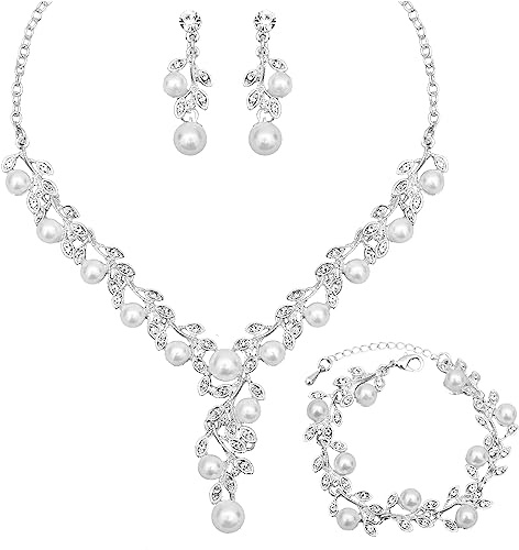 CSY Elegant Bridal Necklace Earrings Bracelets Leaves Shape Wedding Prom Dress Accessories White Rhinestones Pearl Jewelry Sets for Bride Bridesmaid (Style #1 - Silver Tone)