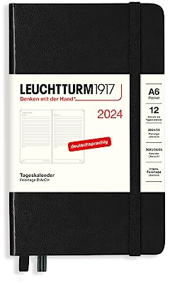 LEUCHTTURM1917 367592 Tageskalender Pocket (A6) 2024, Schwarz, Deutsch, 12 Monate