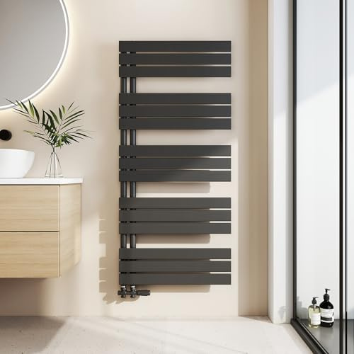 EMKE Badheizkörper Flach 1320x600 mm, Handtuchheizkörper mit Seitenanschluss, Effizienter Handtuchwärmer Handtuchtrockner Heizkörper für Bad, Schwarz, 798W