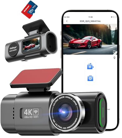 WiFi Dashcam Auto Vorne Hinten,4K+1080P,Auto Kamera,App-Steuerung Autokamera mit 64G SD-Karte,170°+140° Ultraweitwinkel,Mini 1.47 Zoll,Nachtsicht,WDR,G-Sensor,Loop-Aufnahm,Parküberwachung