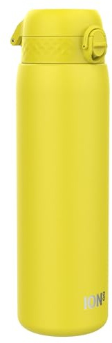 ion8 1 Liter Leicht Edelstahl Trinkflasche, Nicht Isoliert, Auslaufsicher, Einhandöffnung, Sichere Verriegelung, Spülmaschinenfest, Klappdeckel, Tragegriff, Leicht zu Reinigen, Gelb