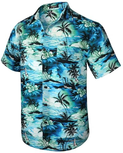 HISDERN Funky Hawaii-skjorta för män, unisex, kortärmad, framficka, semester, sommar, Aloha-tryckt strand, beige, Hawaii skjorta, S-2XL, Aqua & blå, 3XL