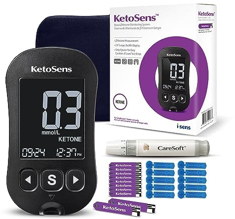 KetoSens Blood Ketone Monitoring System Set: Single Meter + 60 Ketone Test Strips, 10 Lancets (30G), 1 Lancing Device, 2 Batteries, a Instructions for Use, 1 Logbook, 1 Carrying Case