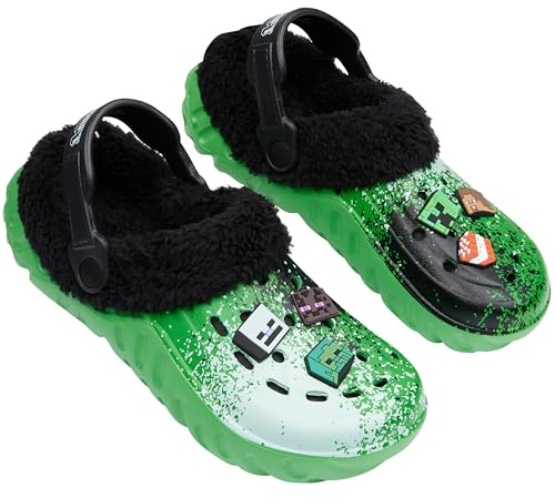 Minecraft Boys Winter Clogs Fleece Lining & Decorative Accents, Kids Teens Garden Shoes Slip On with Strap, Gifts for Him (Green/Multi, 2/3 UK)