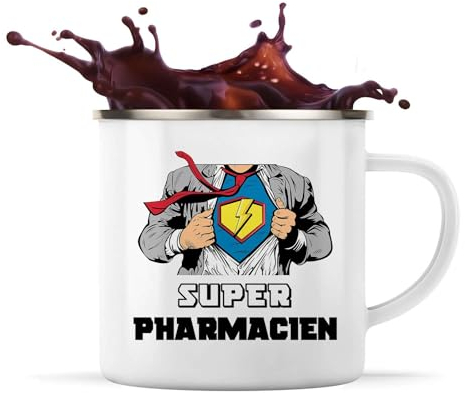 Planetee Tasse métallique Super Pharmacien | Mug Émaillé Métal Timbale Camping et Randonnée Métier Collègue Cadeau Travail Boulot Départ Retraite