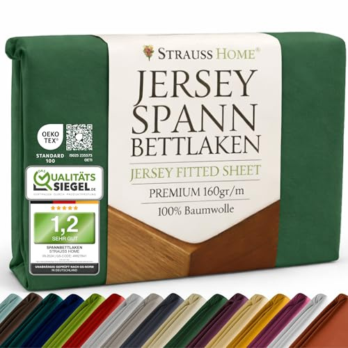 Strauss Home Premium Spannbettlaken Jersey 140x200-160x200 cm - 160 g/m² 100% gekämmte Baumwolle, 25 cm Steg, Oeko-TEX - für Standardmatratzen Doppelbett - Grün