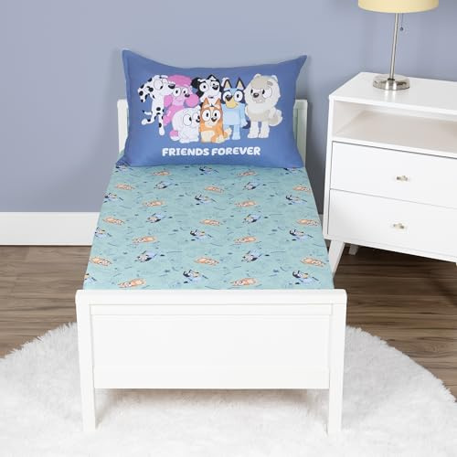 Bluey Juego de sábanas, se Adapta a Cama Infantil o colchón de Cuna, sábana Bajera Ajustable y Funda de Almohada, Color Verde