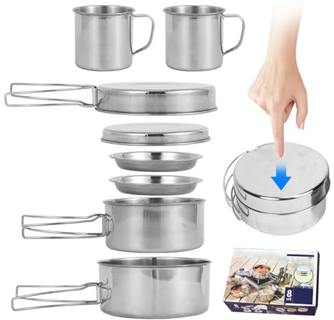 XJKLBYQ Camping Cooking Set 8PCS Stainless Steel Camping Cookware Portable Cooking Pot and Pan Set with Plates Cups for 5-6 Adults Outdoor Hiking Picnic BBQ, Camping Pots And Pans Set