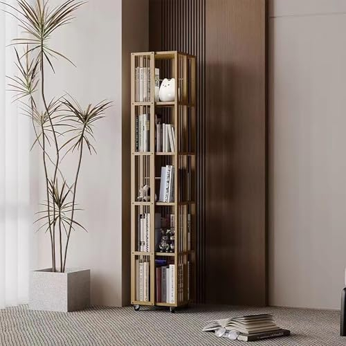360° Drehbares BüCherregal Mit Rollen Freistehend Drehbares BüCherregal Bambus Kleines EckbüCherregal Quadrat Standregal Mit 5 Etagen BüCherregal Zur Bodenaufbewahrung Für Arbeitszimmer Wohnzimmer(Ori