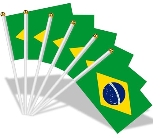 AhfuLife Petit Drapeau Bresil - 15Pcs Mini Drapeaux Bresilien avec Poteau Solide Blanc de 30cm pour Décoration Jardin Bar Américain Football Match Coupe du Monde Fête Nationale
