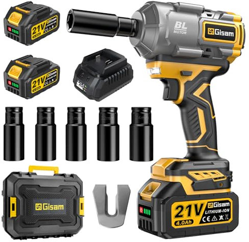 Gisam 650 N.m Akku Schlagschrauber,1/2 Bürstenloser Motor Schlagschrauber mit zwei 4000 mAh Batterie,Schnellladegerät,5 Stecknüsse,Drehschlagschrauber für Auto Tiers