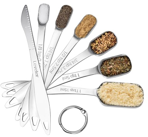 U-Taste 18/8 Stainless Steel Square Measuring Spoons Set of 7, Silver | Metal Measure Teaspoon Tablespoon with Leveler, Narrow Rectangular Kitchen Jar Scoop, Baking Cooking, Liquid Dry Ingredients