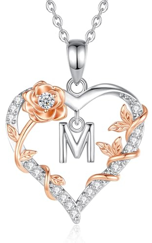 EUDORA Harmony Ball Rose Heart Initial M Necklace for Women Letter M Alphabet Initial Necklaces Copper Rhodium Plated Pendant with Cubic Zirconia, Initials Jewelry Gifts for Women Wife 18