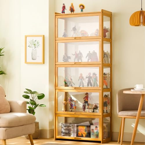 ZEOPLE Vitrine mit AcryltüR Vitrine mit AcryltüR, Flip-Schranktür-Design, Bambou Bücherregal Vitrinenschrank für Bücher, Wein, Büro, Wohnzimmer(木の色,5階)