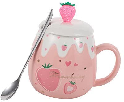 PRETYZOOM Elegante Tazza Da Tè in Ceramica Con Coperchio E Cucchiaio A Forma Di Fragola Perfetta Per Ufficio E Casa Materiale Sicuro.