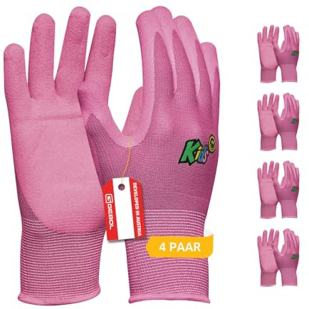 Gebol Kids, 4 Paar Gartenhandschuhe für Kinder 5-8 Jahre, atmungsaktive Arbeitshandschuhe mit Nitril-Beschichtung, wasserabweisende & griffsichere Schutzhandschuhe, Gr. XXS (5), Pink