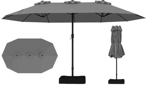 RELAX4LIFE Sombrilla Doble de 470 x 285 cm, Sombrilla Terraza Exterior con Manivela, Base, 2 Sacos de Arena y 12 Varillas, Parasol Impermeable con Protección UV para Jardín, Patio y Playa (Gris)