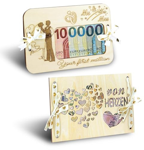KASESSS 2 Stück Bilderrahmen Geldgeschenk Hochzeit Holz, Kreativ Hochzeitsgeschenk Geld, Hochzeitsgeschenke für Brautpaar Geld, Geldgeschenke zur Hochzeit Holz, Lustige Geldgeschenke für hochzeit