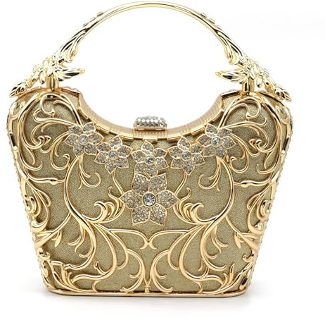 blinkgooblink Damen Abend Clutch gold, Elegante Strass Handtasche mit Metallkette, Umhänge Schultertasche für Hochzeit, Party und Abend