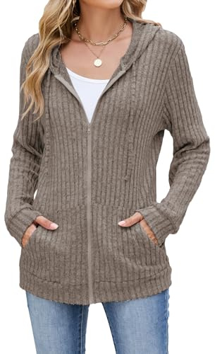 iChunhua Long Zip up Hoodie Women Oversized Hooded Cardigans Lightweight Jacket with Pockets (Coffee, Medium)