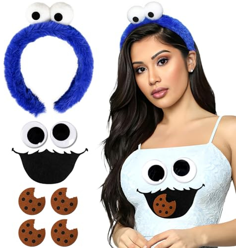 iZoeL krümelmonster kostüm Damen, Cookie Haarreif krümelmonster Keks Augen Mund aufkleber Karneval Kostüm Accessorie, Damen Outfits karneval Fasching Mottoparty