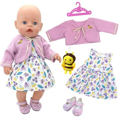 5 Stück Puppenkleidung für Baby Puppen 35-43 cm, 14-18 Zoll Niedlich Panda Muster Jumpsuit Set Enthält Mantel, Rock, Schuhen, Bienen-Kleiderbügel, Puppenkleidung für Mädchen Jungen & Puppensammle