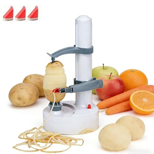 Pelador Eléctrico de Patatas, Peladores Automáticos Giratorios de Manzanas con Cuchilla Desmontable de Acero Inoxidable, 3 Cuchillas de Repuesto Incluidas, Máquina Peladora de Cocina White + Adapter