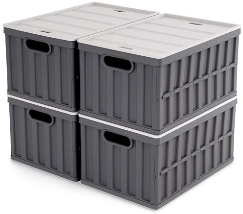 Kerhouze 4er Set 64L klappbox Faltbar Stabil Plastik Faltbox, Campingbox Collapsible Transportbox für die Organisation große Heavy Outdoor, Bad, Küche, Büro, Wohnzimmer (Grau)