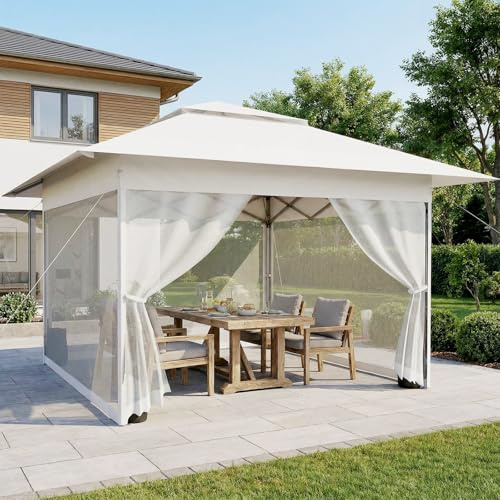 Verdego Pavillon 3X3m Wasserdicht Stabil Winterfest, Faltpavillon, Pavillion mit Tragetasche, Gartenpavillon mit Moskitonetz Seitenteilen, Höhenverstellbar, Partyzelt Für Garten Camping, Weiß