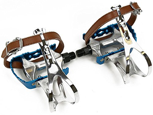 Blau Eloxierte Fahrrad Pedale mit Pedalhaken 9/16 Zoll Gewinde Pedalkäfig für SingleSpeed Fixy Retro Rennrad Bike Vintage - Edelstahl Haken mit einfachem Kunstlederriemen