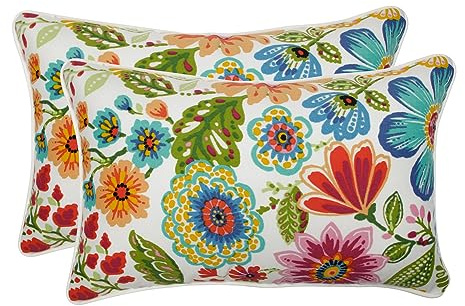 Pillow Perfect Bright Floral Indoor/Outdoor Throw Pillows, 2 Count, Lumbar - 11.5 x 18.5, Blue/Purple Gregoire