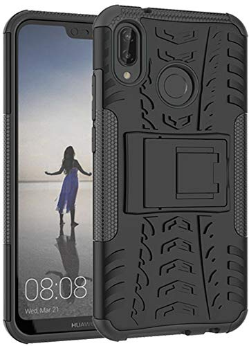 Yiakeng Hülle Huawei P20 Lite Handyhülle, Doppelschicht Stoßfest Schlank Ganzkörperschutz Mit Ständer für Huawei P20 Lite (Schwarz)