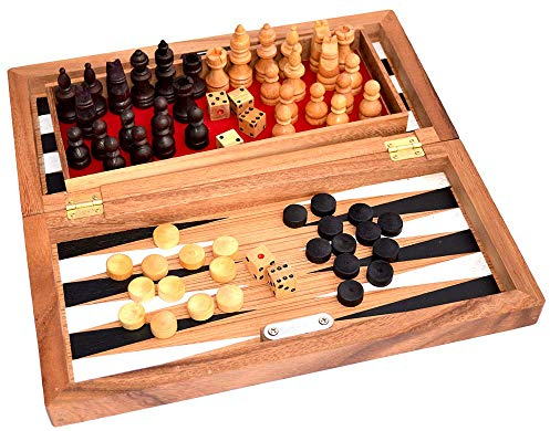 Backgammon Chess and Color Checker Box Large, Knobelholz Spielesammlung aus Holz Box Large mit Würfelspiel Backgammon, Strategiespielen Dame und Schach