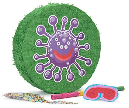 Lumaland Pinata Set zum Befüllen inkl. Schläger & Augenbinde | Beat The Virus ideal für Kinder-Geburtstag & Feier | Piñata inkl. 50g buntes Konfetti | Individuell befüllbar [50x50x15 cm]