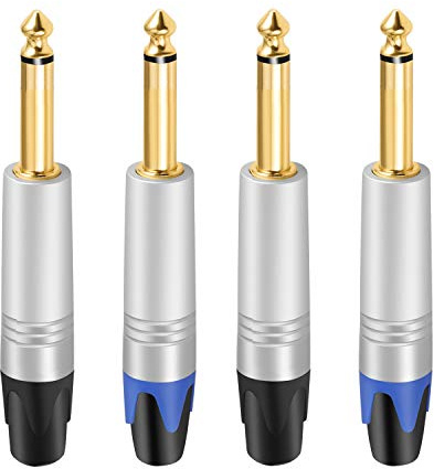 Devinal 1/4 inch Mono Plugs, Replacement 6.35mm TS Solder Type DIY Audio Connector, Heavy Duty Quarter Inch Adapter 24K Gold-Planted for Repair Guitar Cables, Instrument Cord (4 Pack)