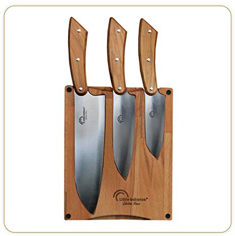 LITTLE BALANCE 8424 - Planche 3 couteaux Santoku - Fabrication 100% française - Set 3 couteaux Santoku, Lame Inox Esprit de Thiers - Manche Bois d'Olivier - Planche à découper