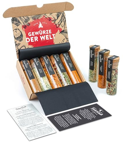 TIMBER TASTE® Weltgewürze Geschenkset - 5 Gewürzmischungen Chimichurri Chakalaka Paella Tandoori Tzatziki | Präsentkorb Männergeschenke Feinkost | Gewürze Set für Köche Genießer - Geschenke für Männer