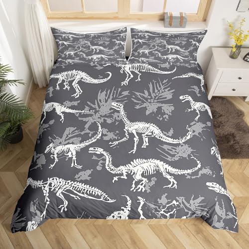 Homewish Dinosaur Duvet Cover Set Dinos Fossil Skull Bed Sets For Kids Teen Boys Young Man Bedding Set Child Room Decor Ancient Animals Skeleton Bones Quilt Cover 2Pcs Single Size Grey