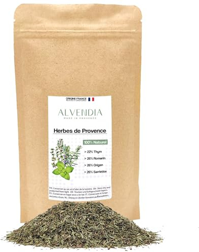 ALVENDIA - Véritables Herbes de Provence - Idéales pour la Cuisine - Thym, Romarin, Origan et Sarriette - Cultivée en Provence - Paquet de 200 Grammes