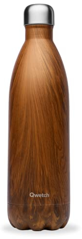 Qwetch - Trinkflasche Originals Edelstahl Isolierflasche 1L Holz - Thermosflasche 24h Kalt & 12h Heiß - Auslaufsicher, BPA-frei, Wiederverwendbar - Perfekt für Sport, Reisen, Büro & Wandern
