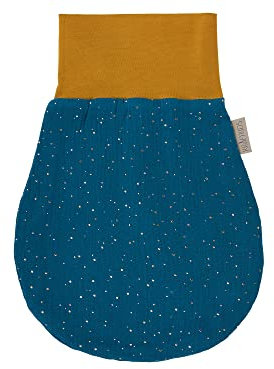 KraftKids Strampelsack Musselin goldene Punkte auf Petrol für den Herbst/Winter aus Musselin Baumwolle und warmen Fleece in zwei Größen erhältlich