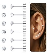 Diamday 6 paia di orecchini a cartilagine 20G per donne uomini ragazze 2-5mm Flat Back Earring Set 316L acciaio chirurgico Tragus CZ Small Helix Piercing Gioielli Ipoallergenici Argento(3MM)