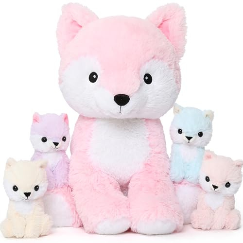 MorisMos Plüschtier-Fuchs, 48 cm, rosa Mama-Fuchs mit 4-Kawaii-Baby-Füchsen, Plüschtiere, Spielzeug, Fuchs-Plüschtier, Geschenk für Mädchen, Jungen, Weihnachten, Geburtstag
