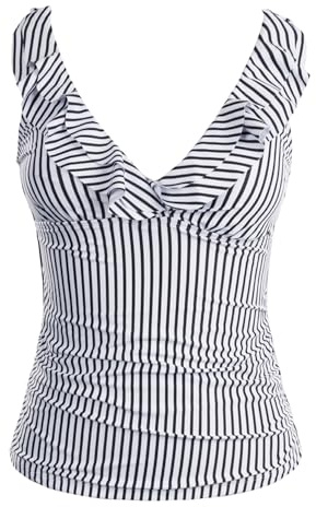 Yonique Women's Tankini Top Only Tummy Control Bathing Suit Top Ruffle Swimsuit Top V Neck Swim Tank Top No Bottom Black and White Striped XL