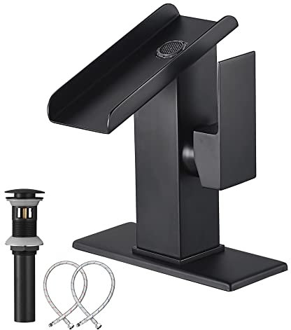 Robinet de salle de bain noir avec évacuation escamotable cascade baignoire lavabo robinet en laiton une poignée monotrou 2 tuyaux d'alimentation en eau élégant mitigeur toilettes toilettes vanité