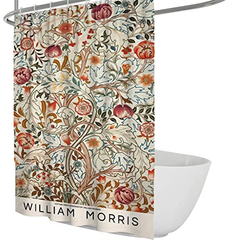 Röda blommor Duschdraperier William Morris Vintage Blommig Duschdraperi med krokar för badrumsinredning Hotellkvalitet Standard storlek 90x180 cm