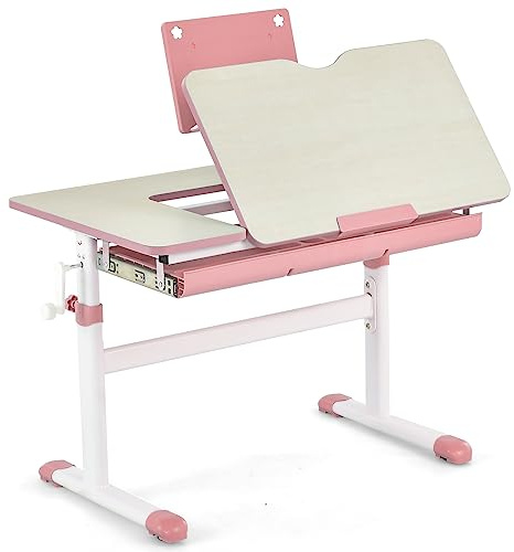 LIFEZEAL Escritorio Escolar, Escritorio Infantil 3-12 Años, Ergonómico, Altura Ajustable, Tapa Inclinable 7 Niveles, con Cajón, para Habitación Infantil, MAX 80 kg, 80x51,5x51-73cm (Rosa)