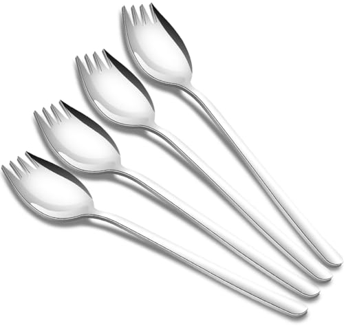 Tiokin Sporks,4 Stück Edelstahl Spork Göffel, Lang Salatlöffel 2 In 1 Abendessen Gabel Suppenlöffel Salatgabel Nudellöffel, Multifunktion Löffel und Gabel für Camping zu Hause oder auf Reisen