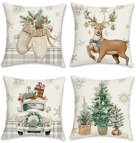 Bonhause 4er Set Kissenbezug Weihnachten Rentier 45 x 45 cm Weihnachtsbaum LKW Handschuhe Winter Dekorative Kissenhülle für Sofa Zuhause Dekoration Weihnachten Zierkissenbezüge