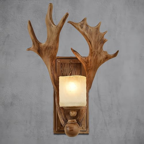 KZT Vintage Wandleuchte Innen E27 Industrial Retro Wandlampe Kreativ Harz Geweih Design Wandlicht Rustikale Flurlampe mit Glaslampenschirm für Wohnzimmer Schlafzimmer Küche Bar Cafés Flur Dekorative